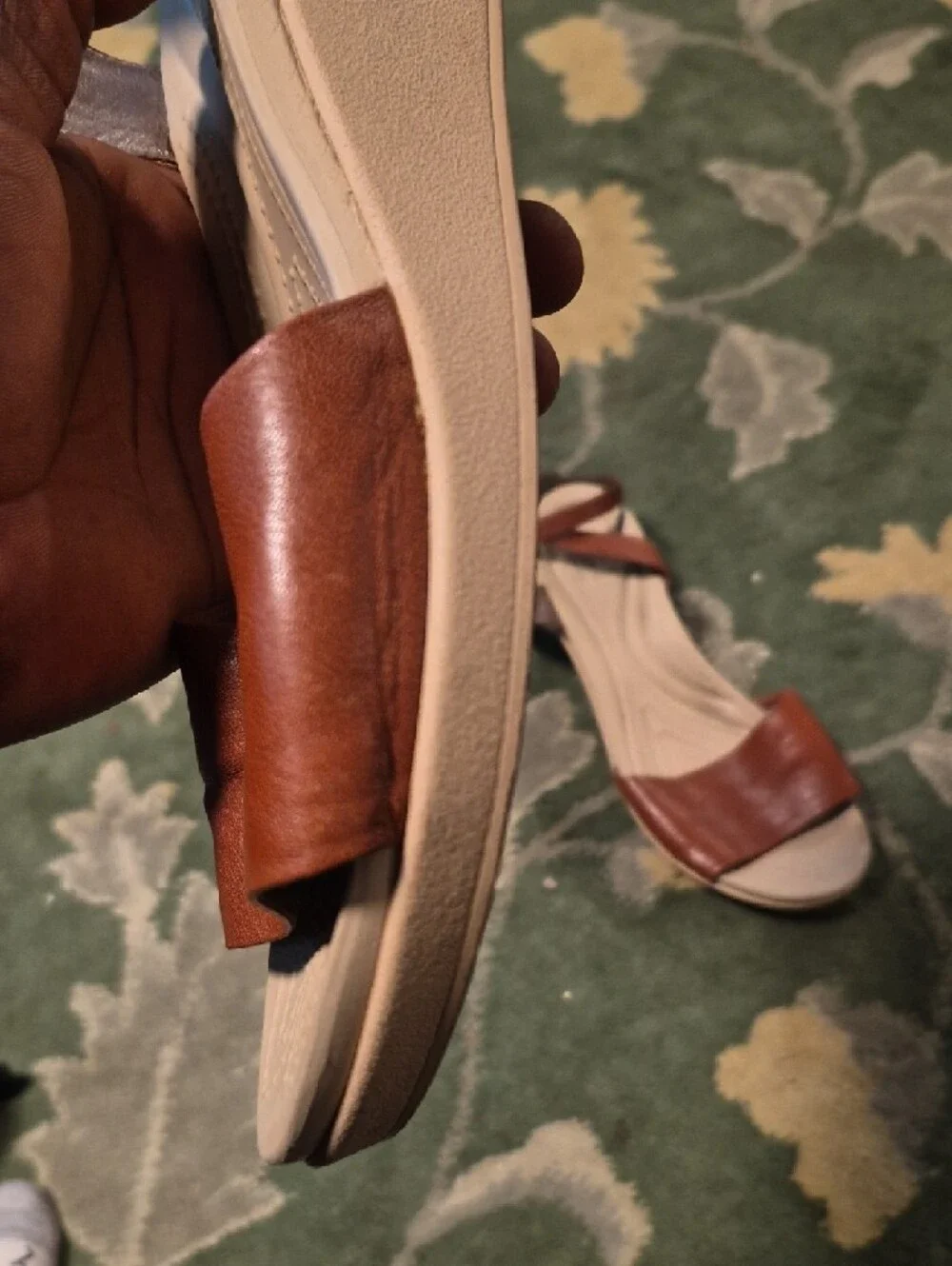 CROCS Brown Leather T-Strap Sandals with Cream Footbed